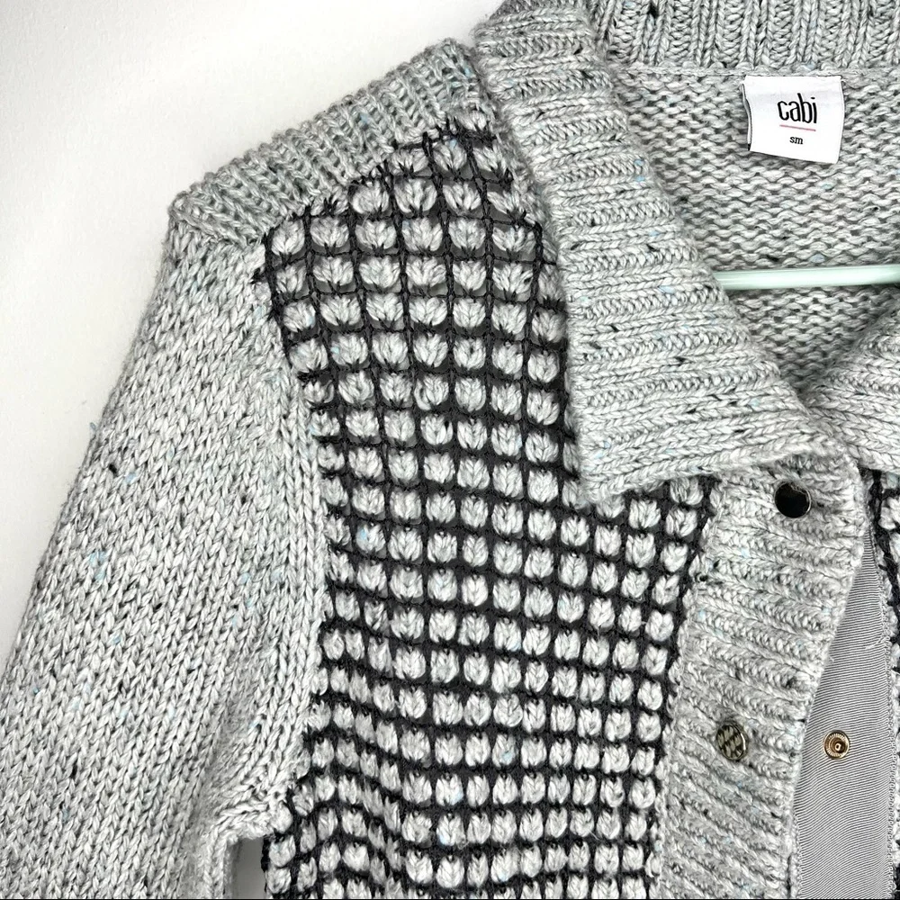 Cabi 3006 Gray Square Stich Window Pane Mock Neck Snap Cardigan Sweater Size S